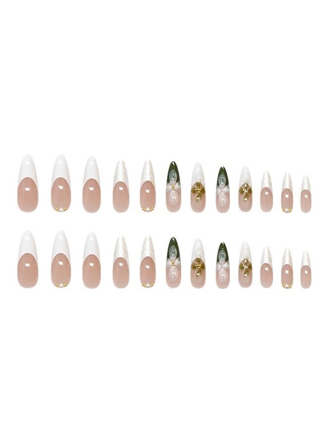 CTTHNBD White French Tip Press on Nails White Medium Almond Fake Nails Green Flower False Nails with 3D Ripple Design Glue on Nails Pearl Full Cover Stick on Nails Ombre Acrylic Nails for Women Manicure 24Pcs - Image 5